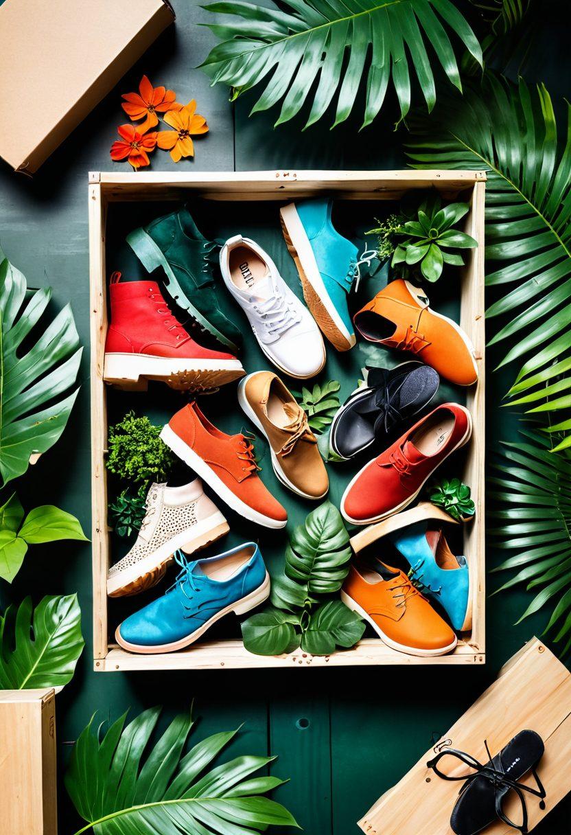 A stylish collection of eco-friendly footwear displayed on a wooden crate surrounded by lush green plants, highlighting sustainability in fashion. Include a diverse group of fashionable bloggers capturing moments with vibrant, hand-drawn elements like sketch overlays of shoe designs. Natural lighting enhances the earthy tones and textures of the materials. super-realistic. vibrant colors. white background.