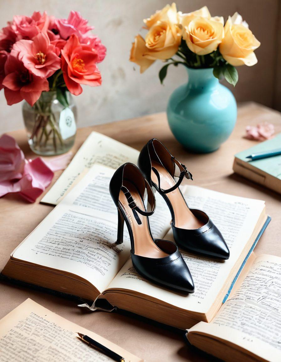 An elegant pair of stylish shoes placed on an open vintage book with handwritten notes about shoe trends. In the background, a soft gradient showcasing various shoe styles from vintage to modern, with hints of classic fashion illustrations. The atmosphere is warm and inviting, creating a blend of timeless elegance and trendy vibes. super-realistic. vibrant colors. soft focus.