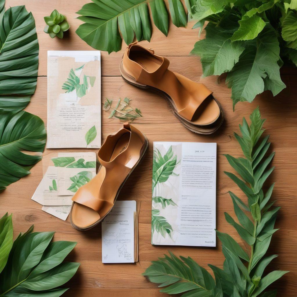 A stylish flat lay of various eco-friendly footwear placed on a textured natural wooden surface, surrounded by green plants, fabric swatches made from sustainable materials, and a journal with handwritten notes and sketches about footwear fashion. Soft natural lighting creates a warm atmosphere, evoking a sense of sustainability. artistic photography. vibrant colors. natural lighting.